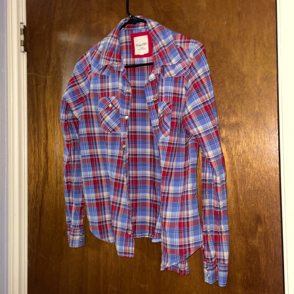 Plaid cotton pearl snap shirt
